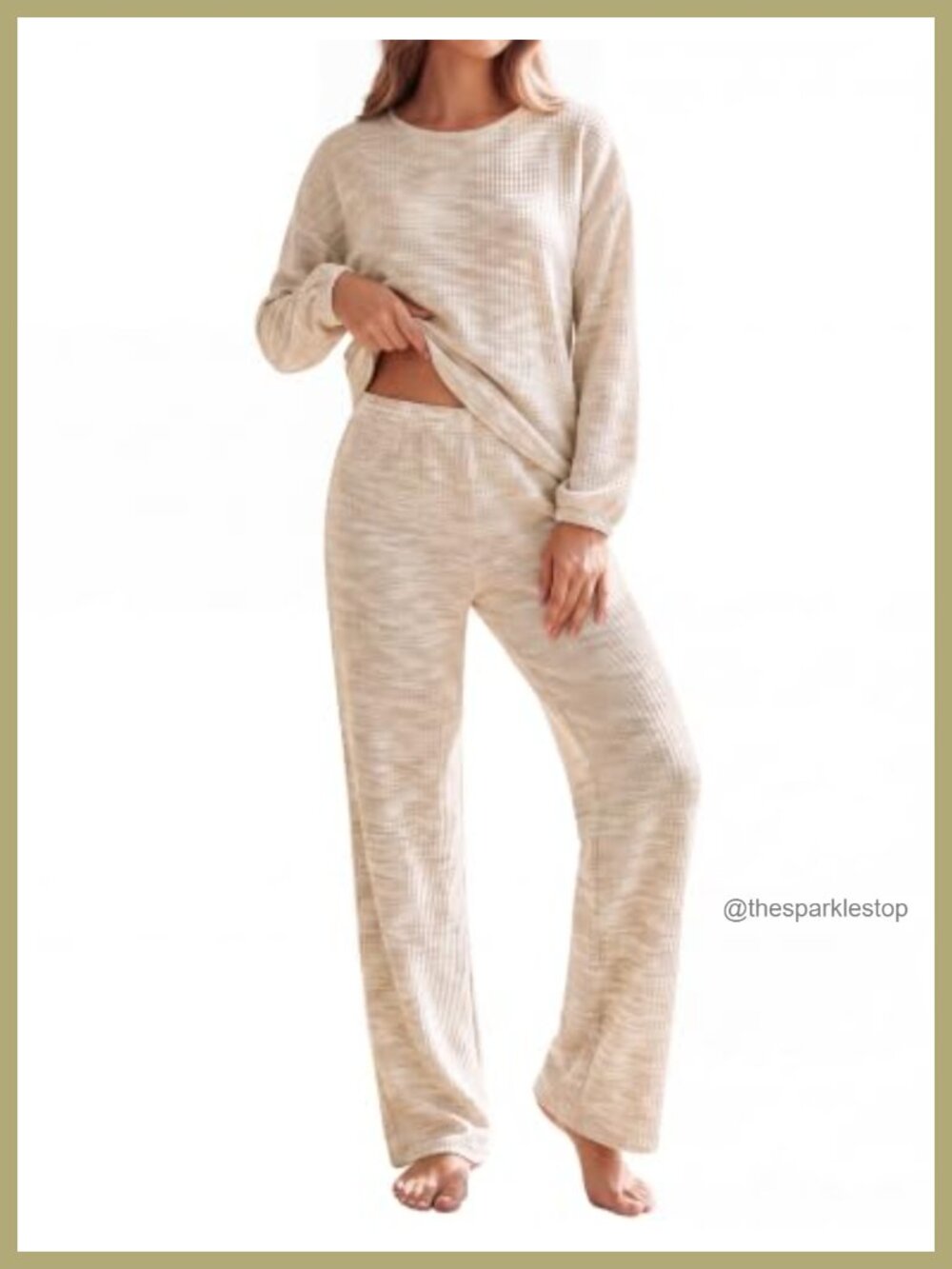Waffle Knit 2 Piece Pajama Set Crew Neck Wide Leg Sleep Lounge